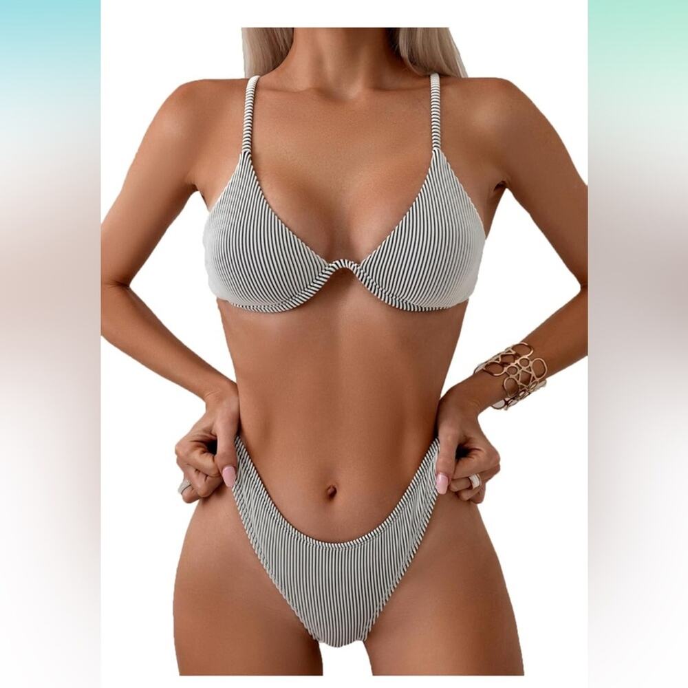 Fanuerg-Black/white Striped Bikini- L